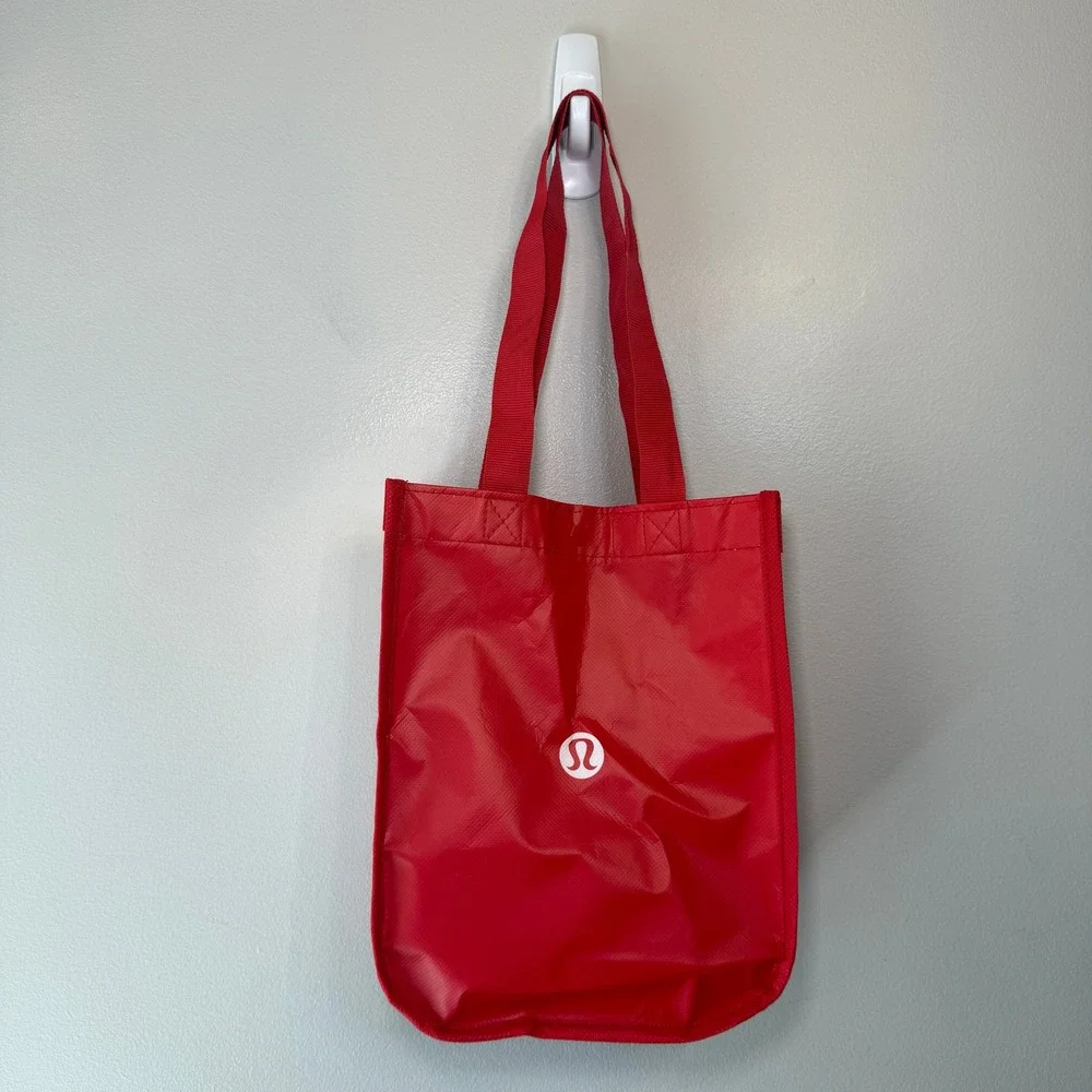 Lululemon Athletica Small Reusable Shopping Tote Bag Red White Logo Snap Closure